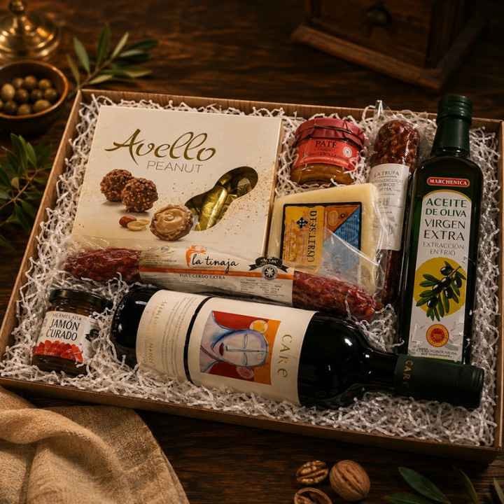 Cesta Gourmet con Vino, Embutidos y Dulces
